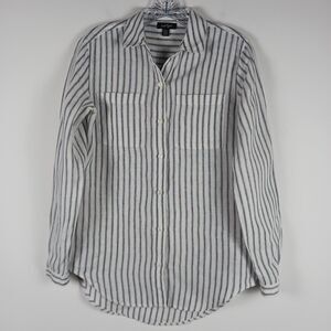 Lord and Taylor 100% Linen Blouse Womens Size XS Gray White Striped